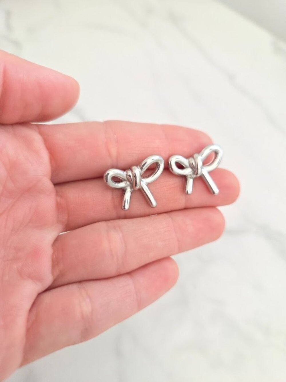 Silver Bow Stud Earrings Chunky Metallic Ribbon Coquette Statement Minimalist - Picture 6 of 8